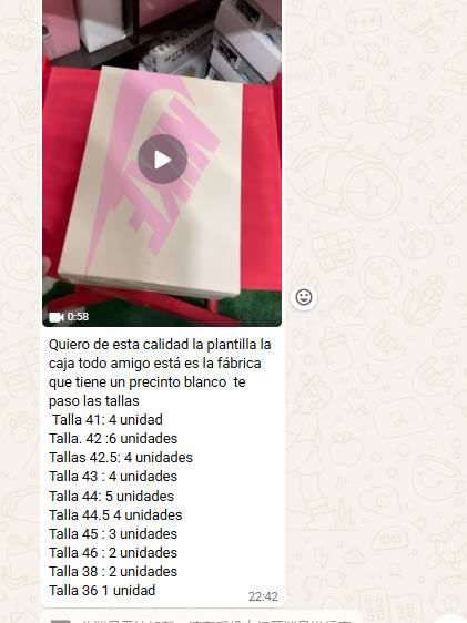 WhatsApp order for 100 pairs of sneakers with full size breakdown